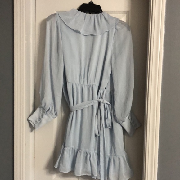 Lena Ruffled V-Neck Puff Sleeve Button Wrist True Wrap Mini Dress in Light Blue - Picture 9 of 12